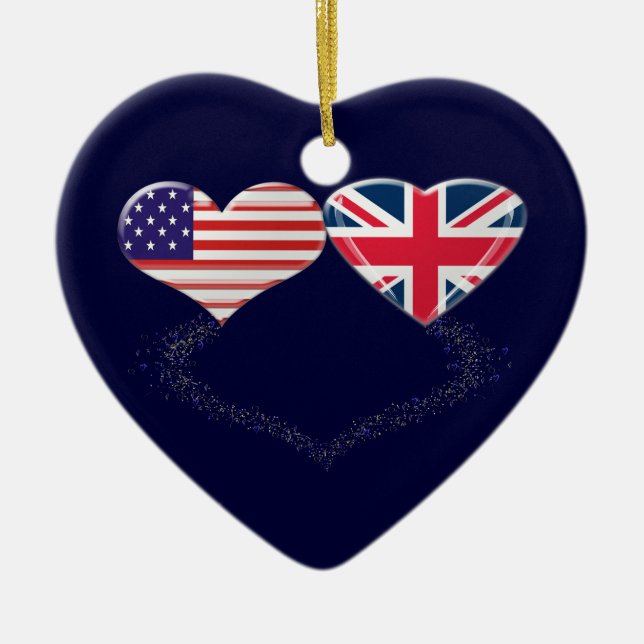 UK and USA Hearts Flag and Ticker tape Ceramic Tree Decoration (Front)