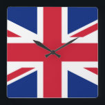 UK British Union Jack Flag Square Wall Clock<br><div class="desc">National flag of Great Britain & Northern Ireland The United Kingdom flag, also known as the Union Jack or Union Flag, originated in 1801 with the union of Great Britain and Ireland. It consists of a combination of the flags of England, Scotland and Ireland, and has a 2:1 ratio (although...</div>