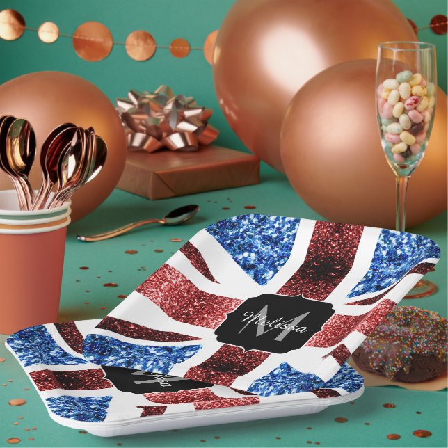 UK flag red and blue sparkles glitters Monogram Paper Plate (Multi)