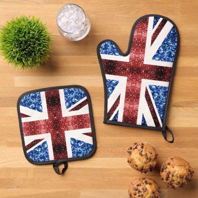 UK flag red blue sparkles glitters faux bling  Oven Mitt & Pot Holder Set (Top Down)