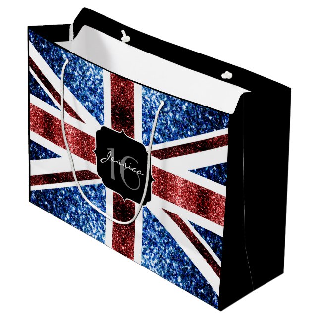 UK flag red blue sparkles glitters Sweet 16 Large Gift Bag (Front Angled)
