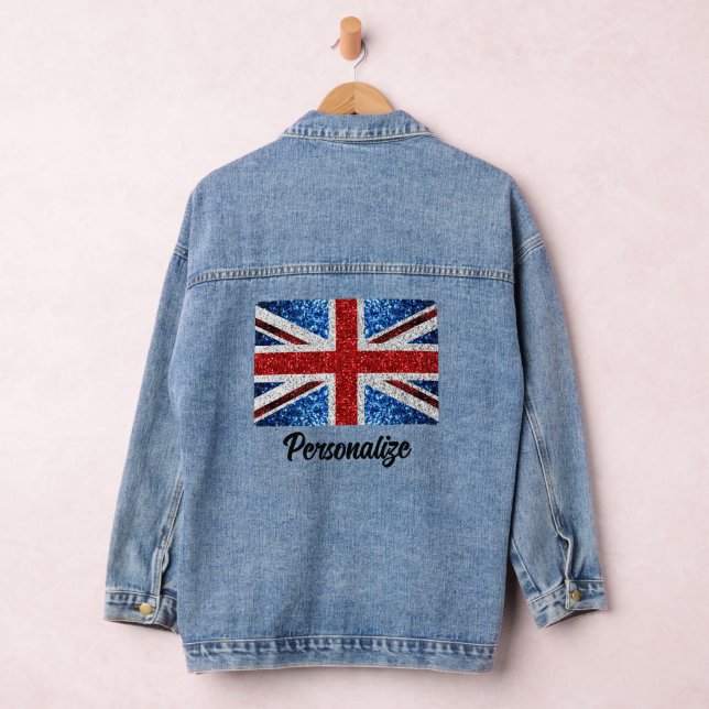 UK flag red blue white sparkles custom name text Denim Jacket (Hangar)