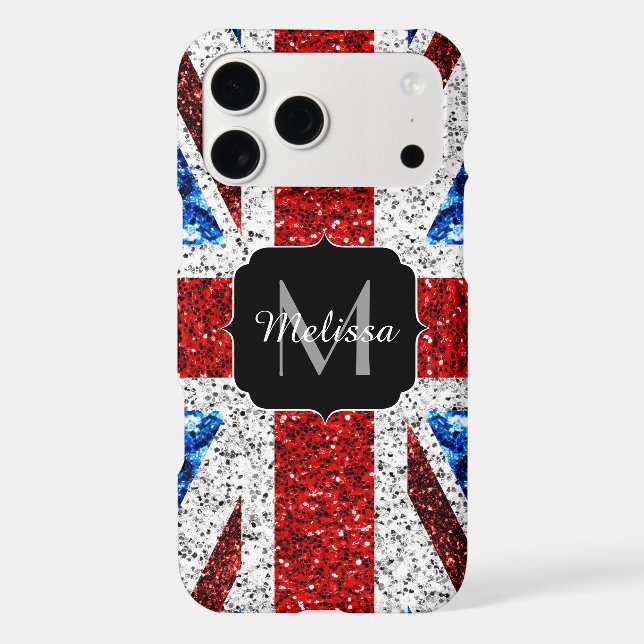 UK flag red blue white sparkles glitters Monogram (Back)