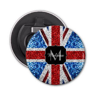 UK flag red blue white sparkles glitters Monogram Bottle Opener
