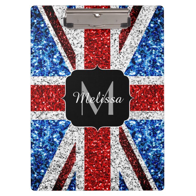UK flag red blue white sparkles glitters Monogram Clipboard (Front)