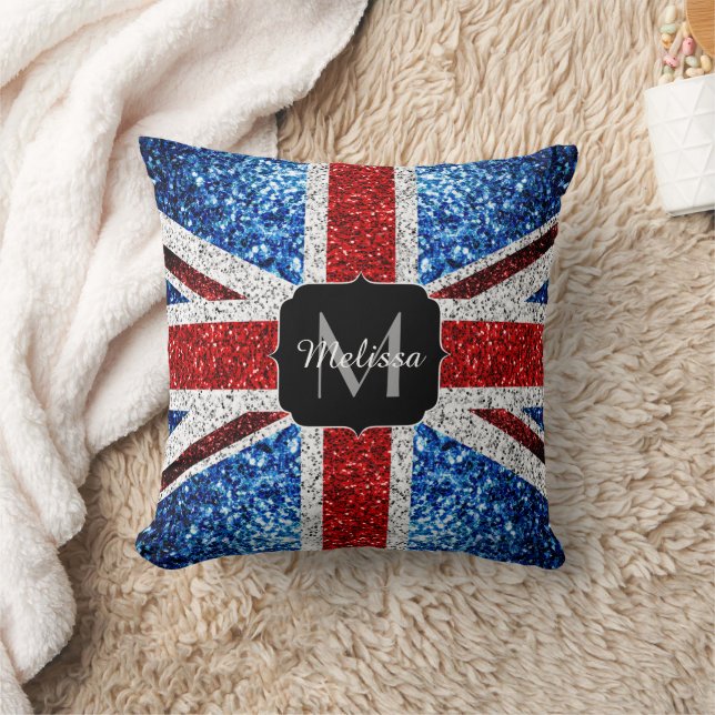 UK flag red blue white sparkles glitters Monogram Cushion (Blanket)