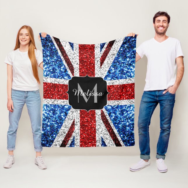 UK flag red blue white sparkles glitters Monogram Fleece Blanket (In Situ)