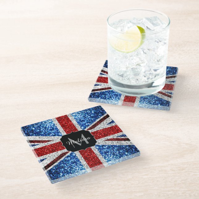 UK flag red blue white sparkles glitters Monogram Glass Coaster (Angled)