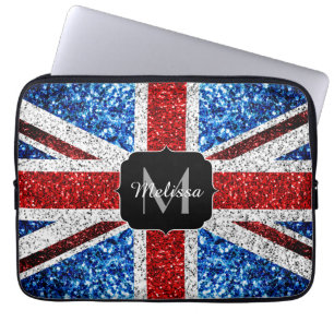 UK flag red blue white sparkles glitters Monogram Laptop Sleeve