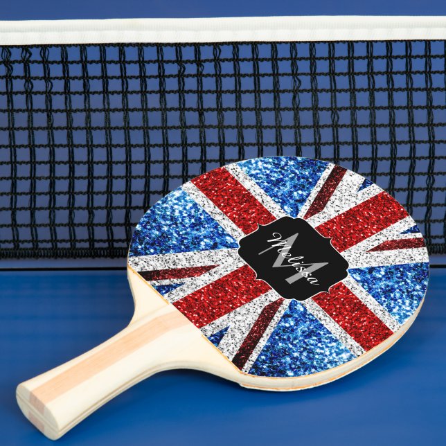 UK flag red blue white sparkles glitters Monogram Ping Pong Paddle (Insitu)