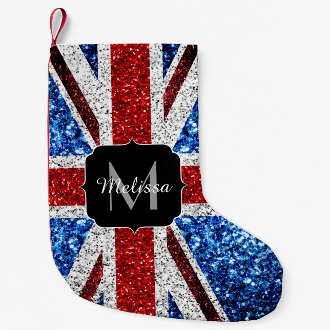 UK flag red blue white sparkles glitters Monogram Small Christmas Stocking (Front)