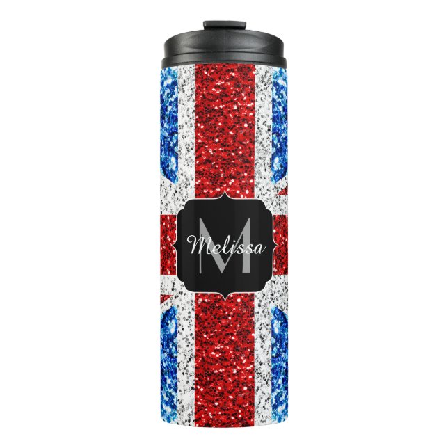 UK flag red blue white sparkles glitters Monogram Thermal Tumbler (Front)