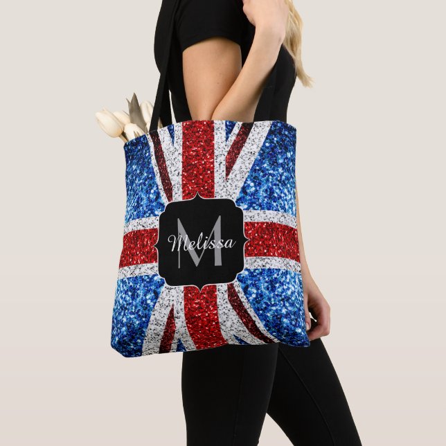 UK flag red blue white sparkles glitters Monogram Tote Bag (Close Up)