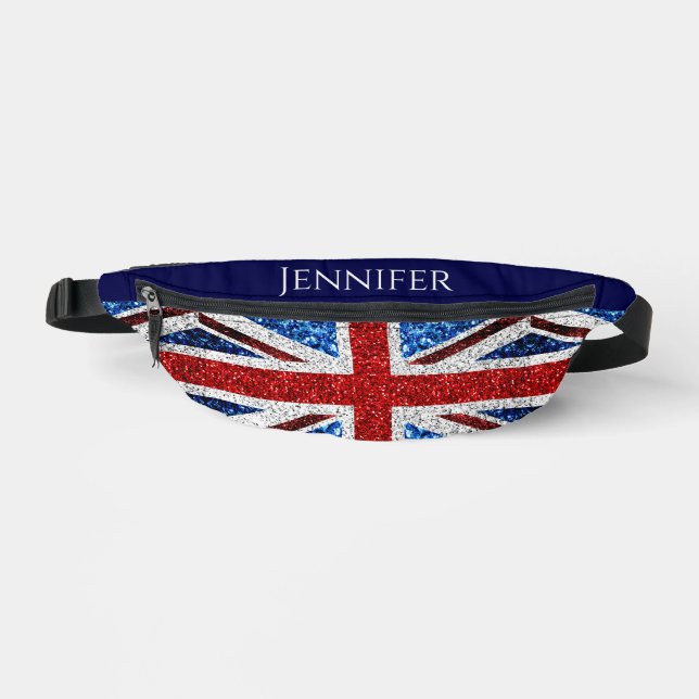 UK flag red white blue sparkles Custom name text Bum Bags (Front)