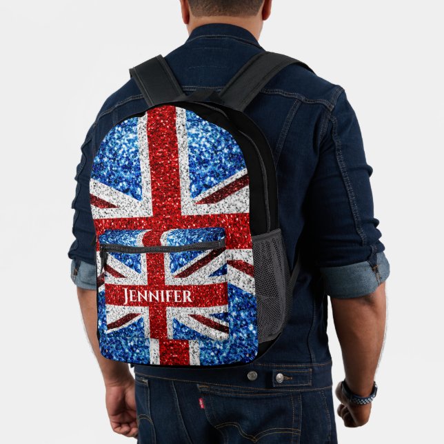 UK flag red white blue sparkles Custom name text Printed Backpack (Insitu (Model))