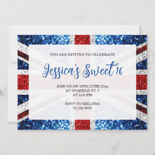 UK flag red white blue sparkles sparkles Sweet 16 Invitation