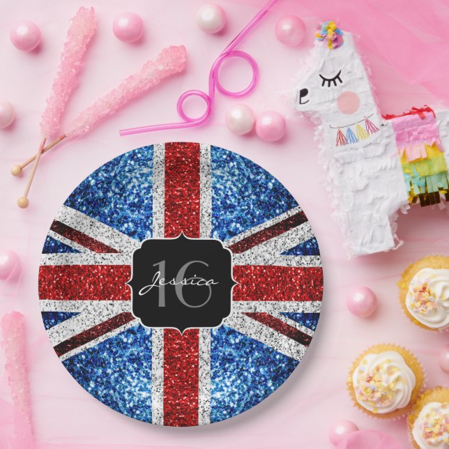 UK flag red white blue sparkles sparkles Sweet 16 Paper Plate (Party)