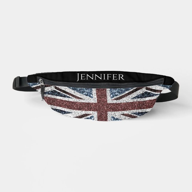 UK flag rustic sparkles Custom name text Bum Bags (Front)