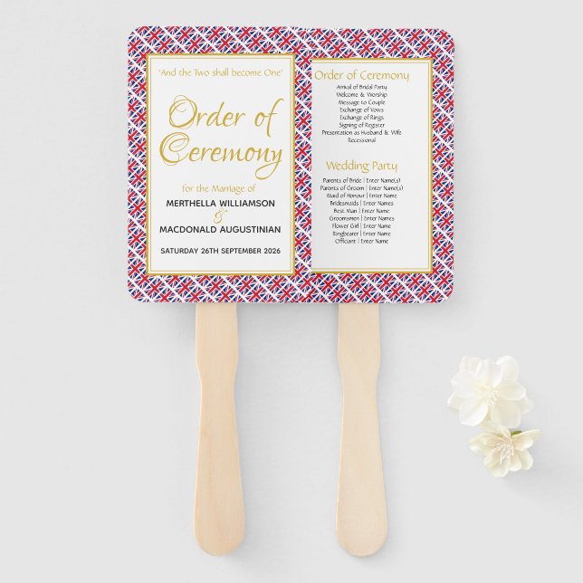 UK GREAT BRITAIN Christian Wedding Programme Hand Fan (Front and Back)