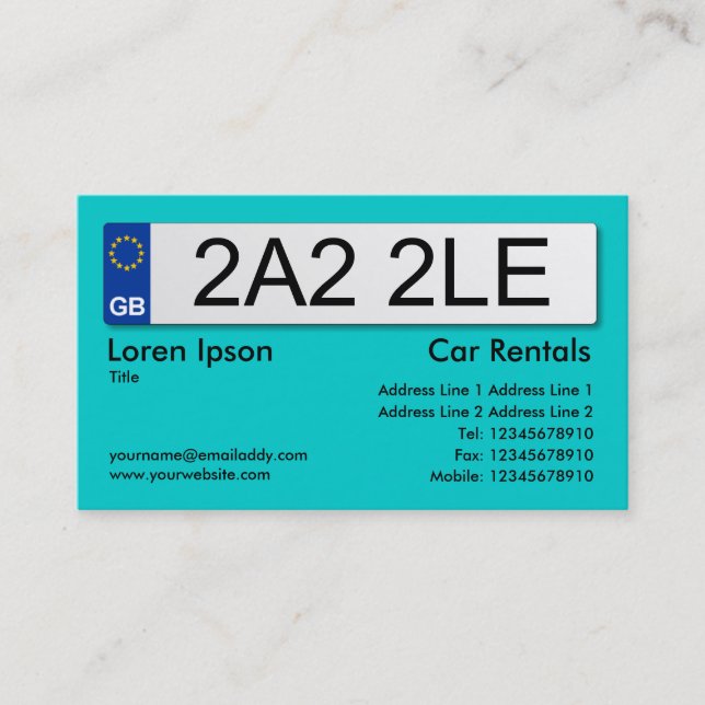 UK Number Plate - Turquoise Business Card (Front)