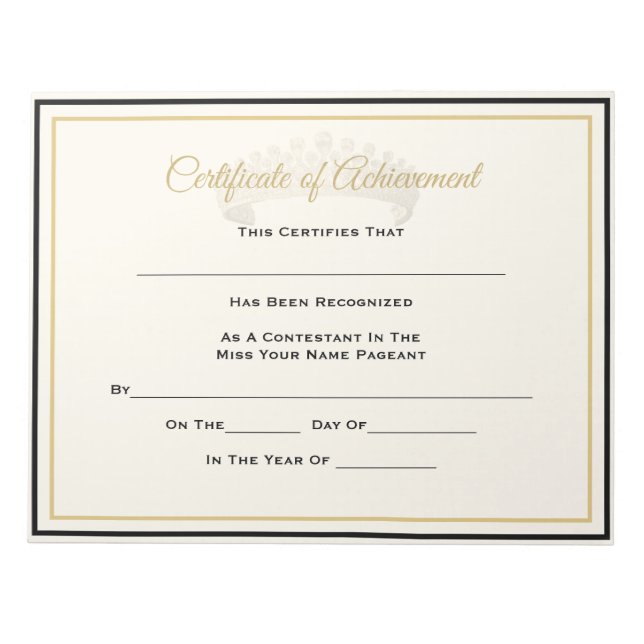 UK Pageant Crown Certificate Achievement Awrd Notepad (Front)