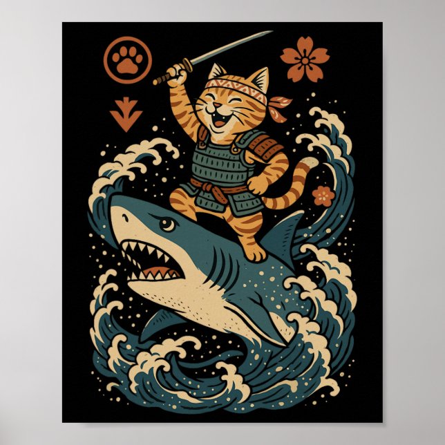 Ukiyo-e Inspired Samurai Cat Surfing Waves Great W Poster (Front)