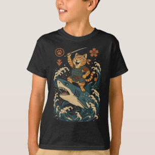 Ukiyo-e Inspired Samurai Cat Surfing Waves Great W T-Shirt