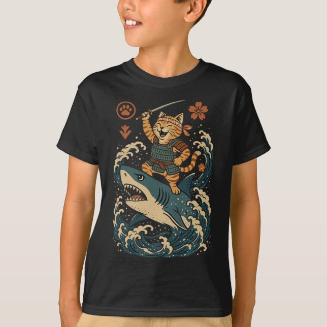 Ukiyo-e Inspired Samurai Cat Surfing Waves Great W T-Shirt (Front)
