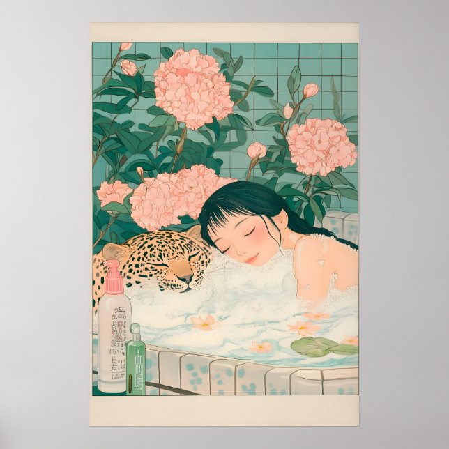 Ukiyo-e Leopard Bath Art Print Japandi Bathroom (Front)