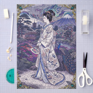 Ukiyo-e Style Fantasy Oriental Girl & Peacock Tissue Paper
