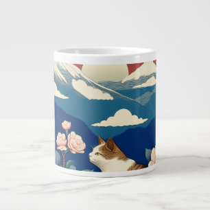 Ukiyo-e White Cat and Mt Fuji Ceramic Jumbo Coffee Large Coffee Mug