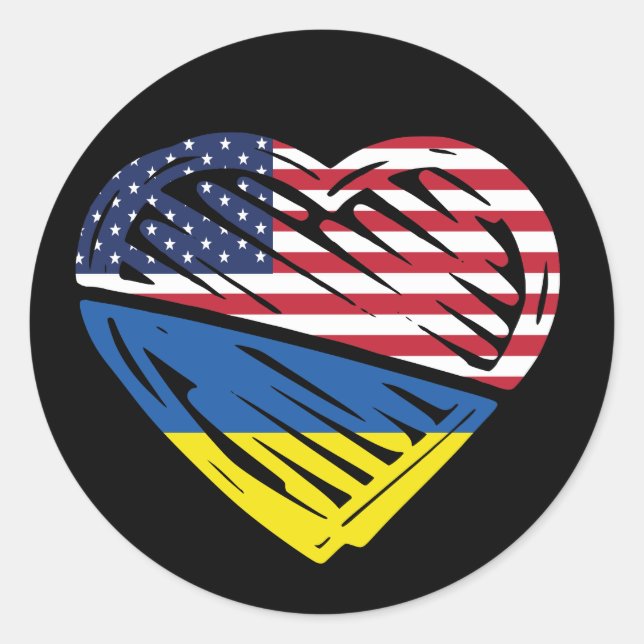 Ukraine American Flag Heart Ukrainian Solidarity Classic Round Sticker (Front)