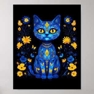 Ukraine Cat Floral Ukrainian Flag Vintage Vyshyvan Poster