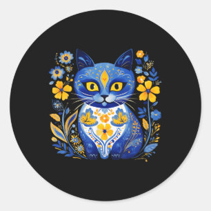 Ukraine Cat Floral Vintage Ukrainian Flag Vyshyvan Classic Round Sticker
