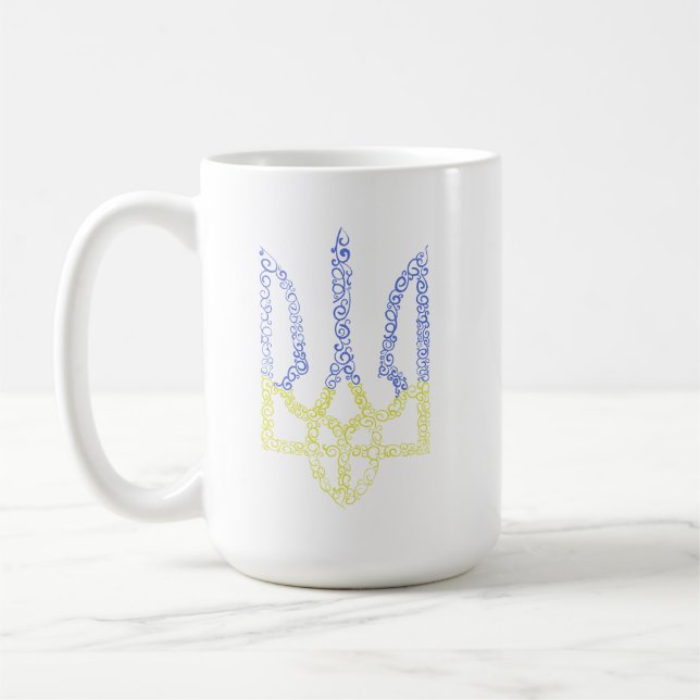 Ukraine coat of arms trident tryzub spiral pattern coffee mug (Left)
