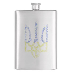 Ukraine coat of arms trident tryzub spiral pattern hip flask