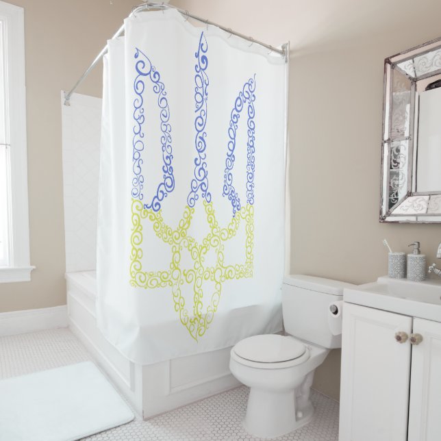 Ukraine coat of arms trident tryzub spiral pattern shower curtain (In Situ)