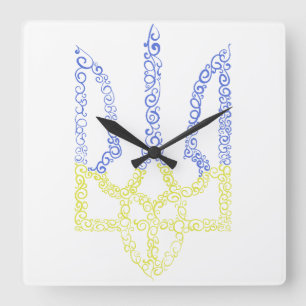 Ukraine coat of arms trident tryzub spiral pattern square wall clock