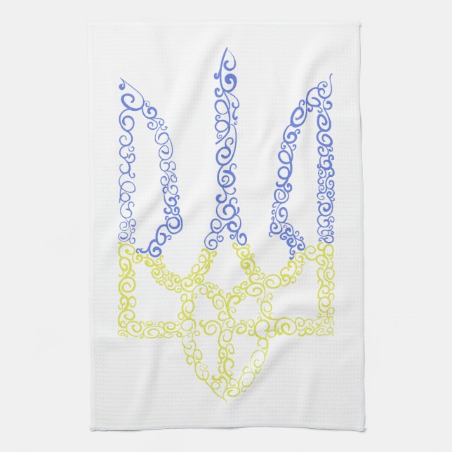 Ukraine coat of arms trident tryzub spiral pattern tea towel (Vertical)