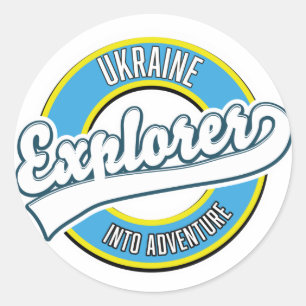 Ukraine explorer into adventure logo. classic round sticker