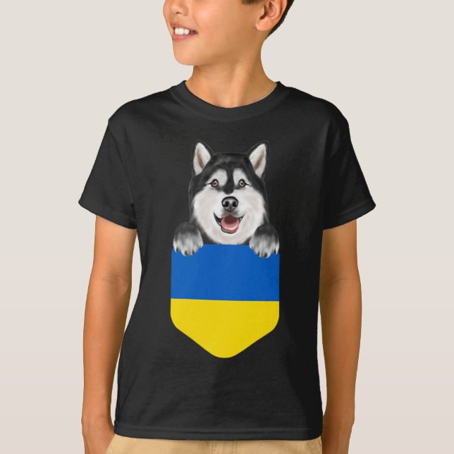 Ukraine Flag Alaskan Malamute Dog In Pocket  T-Shirt (Front)