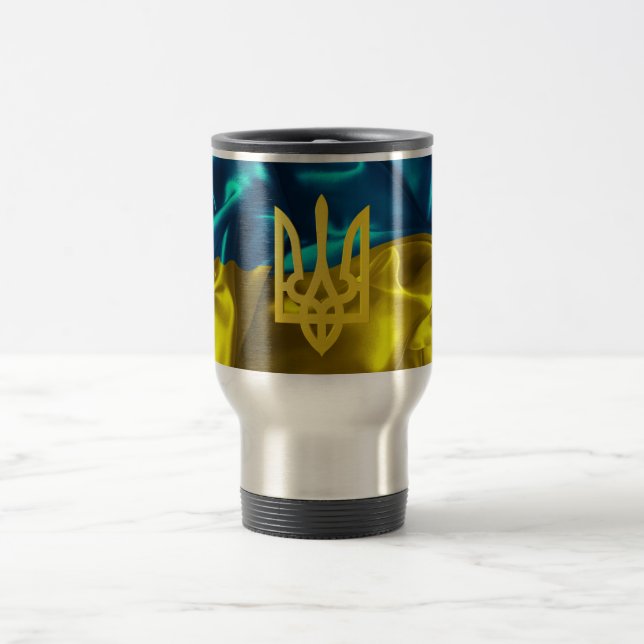 Ukraine Flag and Tryzub Travel Mug (Center)