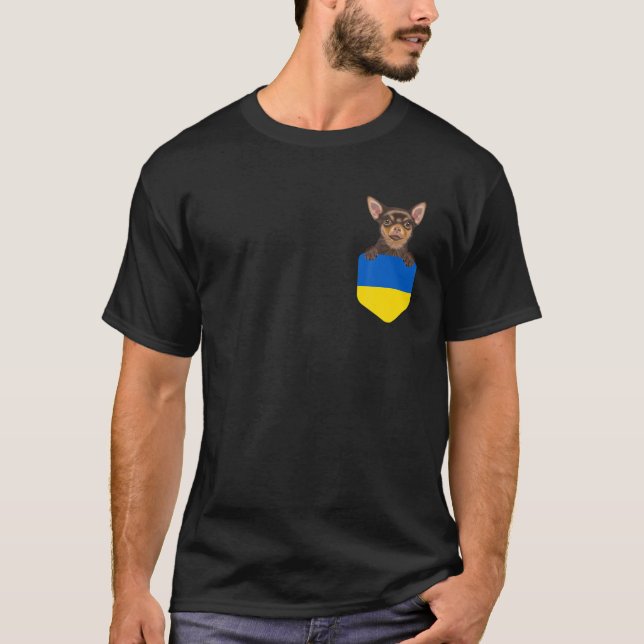 Ukraine Flag Brown Chihuahua Dog In Pocket T-Shirt (Front)