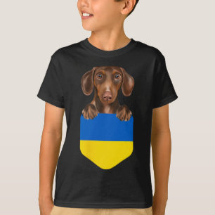 Ukraine Flag Brown Dachshund Dog In Pocket T-Shirt