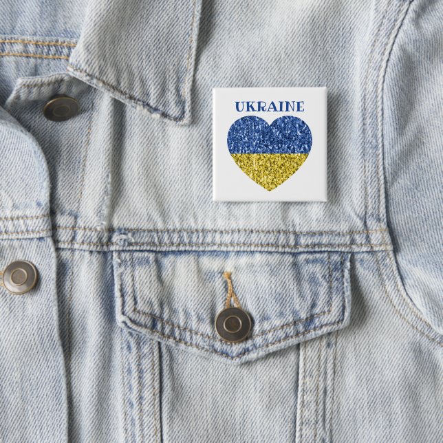 Ukraine flag glitter faux sparkles Heart with text 15 Cm Square Badge (In Situ)
