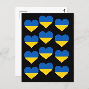Ukraine Flag Hearts on a Black Postcard