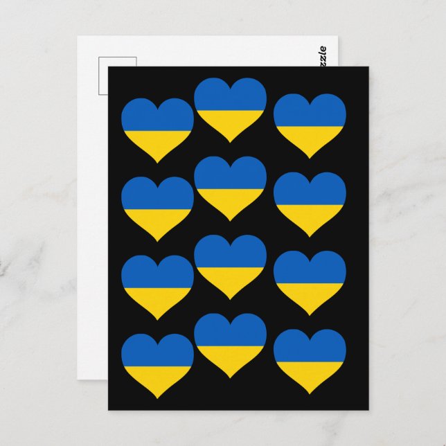 Ukraine Flag Hearts on a Black Postcard (Front/Back)
