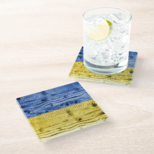 Ukraine flag yellow blue wood texture pattern glass coaster