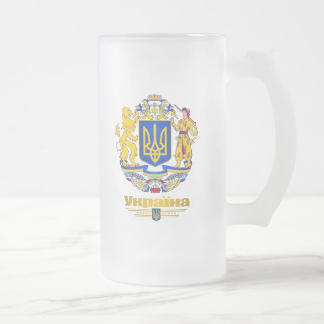 Ukraine Full Arms Frosted Glass Beer Mug (Right)
