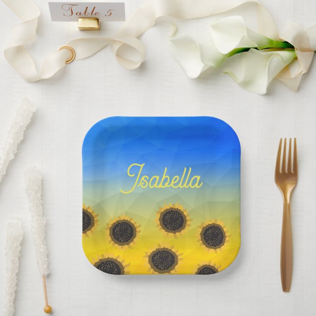 Ukraine geometry mesh pattern Flowers Your name Paper Plate (Wedding)